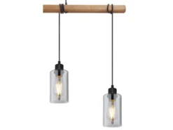 LED Holzbalken Pendelleuchte mit 4 Rauchglas Lampenschirmen, Breite 98cm
