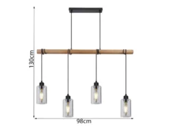 LED Holzbalken Pendelleuchte mit 4 Rauchglas Lampenschirmen, Breite 98cm