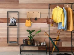 LED Holzbalken Wandgarderobe SAMANTHA mit 5 Haken 40x20cm