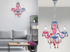 LED Kronleuchter 3-flammig Silber Chrom mit Acryl Kristall bunt Ø 46cm