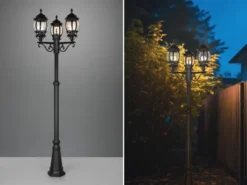 LED Mastleuchte 3-flammige Laterne Aluminium Schwarz, Höhe 240cm