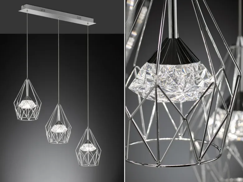 LED Pendelleuchte AMY 3-flammig mit Gitter Lampenschirmen Silber, Breite 76cm