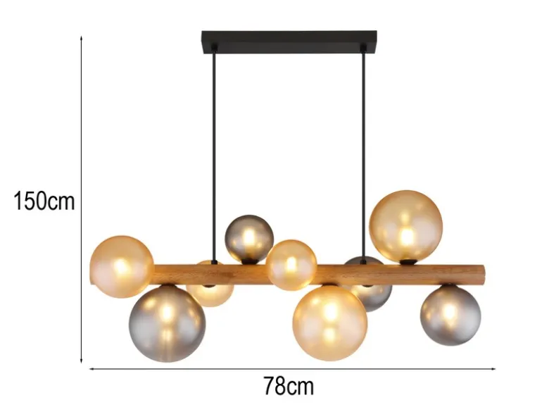 LED Pendelleuchte aus Holz 9-flammig Glaskugeln Rauchglas & Bernstein, B: 78cm