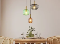 LED Pendelleuchte aus Rillenglas bunt mit 3 Glasschirmen, Ø 55cm