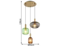 LED Pendelleuchte aus Rillenglas bunt mit 3 Glasschirmen, Ø 55cm