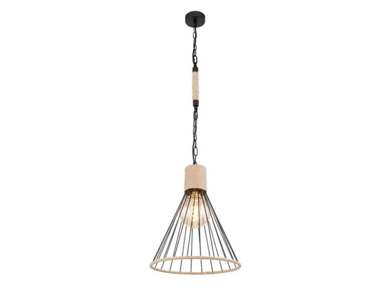 LED Pendelleuchte Drahtlampe Metall Schwarz mit Hanfseil, Ø 35cm