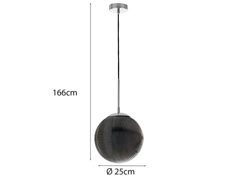 LED Pendelleuchte einflammig mit Relief Glaskugel aus Rauchglas, Ø 25cm