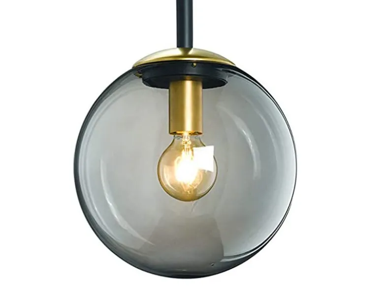 LED Pendelleuchte einflammig Rauchglas Schwarz mit Messing Kugel, Ø 25cm