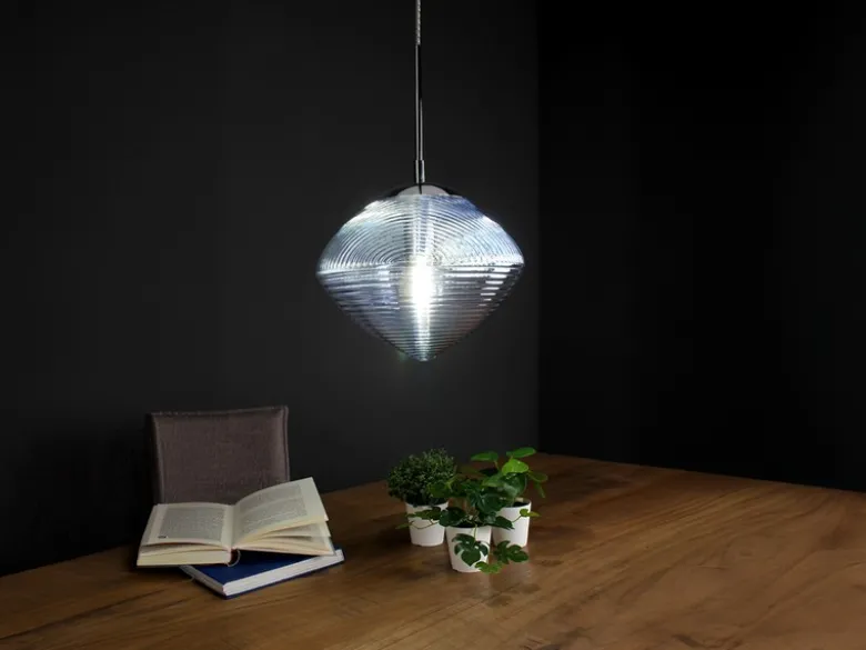 LED Pendelleuchte einflammig mit Relief Glasschirm in Blau, Ø 26cm