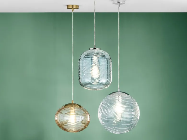LED Pendelleuchte einflammig Wellenmuster Glasschirm in Blau, Ø 24,5cm