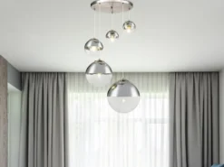 LED Pendelleuchte 5-flammig, Glaskugeln Chrom & Klarglas, Ø 65cm