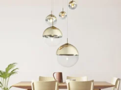LED Pendelleuchte 5-flammig, Glaskugeln Gold & Klarglas, Ø 65cm