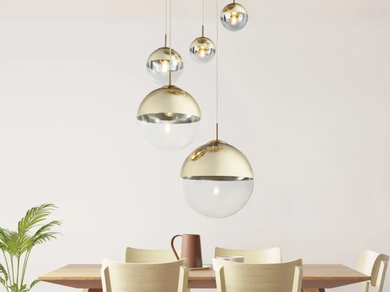 LED Pendelleuchte 5-flammig, Glaskugeln Gold & Klarglas, Ø 65cm