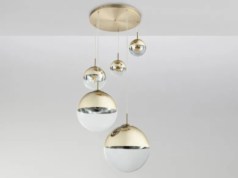 LED Pendelleuchte 5-flammig, Glaskugeln Gold & Klarglas, Ø 65cm