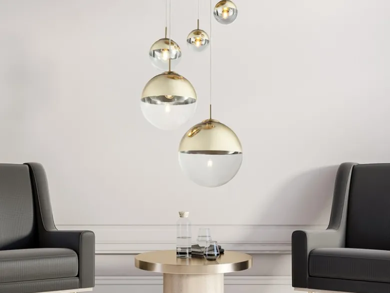 LED Pendelleuchte 5-flammig, Glaskugeln Gold & Klarglas, Ø 65cm