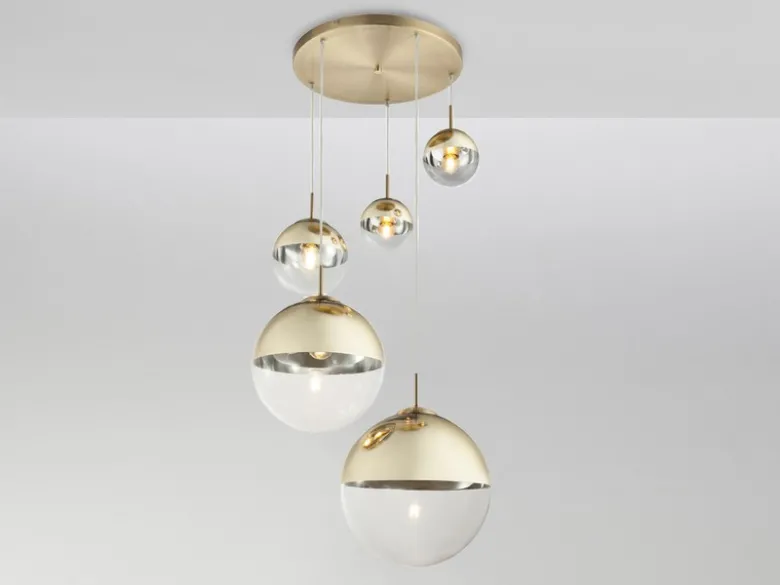 LED Pendelleuchte 5-flammig, Glaskugeln Gold & Klarglas, Ø 65cm