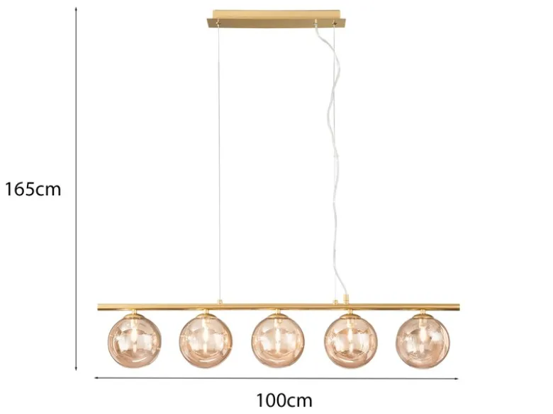 LED Pendelleuchte 5-flammig Gold-Glaskugeln Bernstein, Breite 100cm