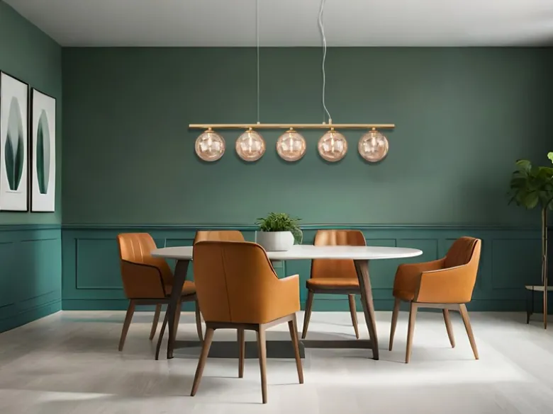 LED Pendelleuchte 5-flammig Gold-Glaskugeln Bernstein, Breite 100cm