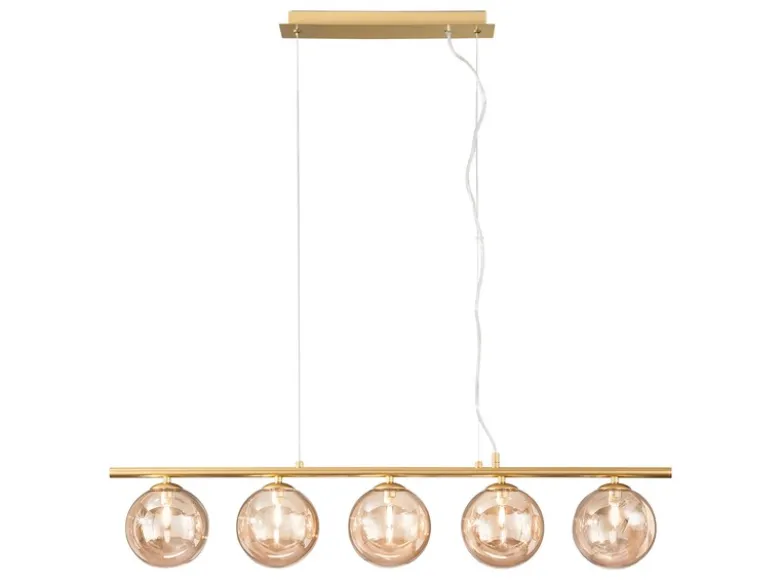 LED Pendelleuchte 5-flammig Gold-Glaskugeln Bernstein, Breite 100cm