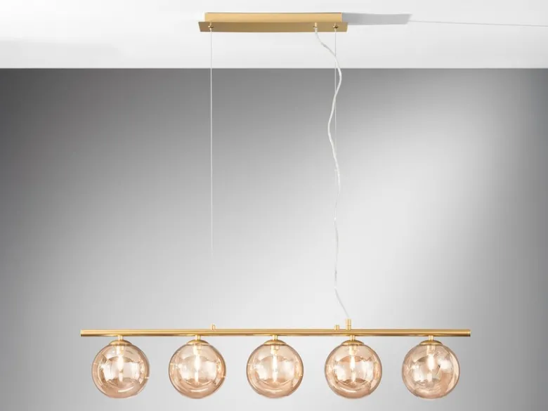 LED Pendelleuchte 5-flammig Gold-Glaskugeln Bernstein, Breite 100cm