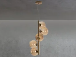 LED Pendelleuchte 5-flammig Gold-Glaskugeln Bernsteinfarbig, Höhe 183cm
