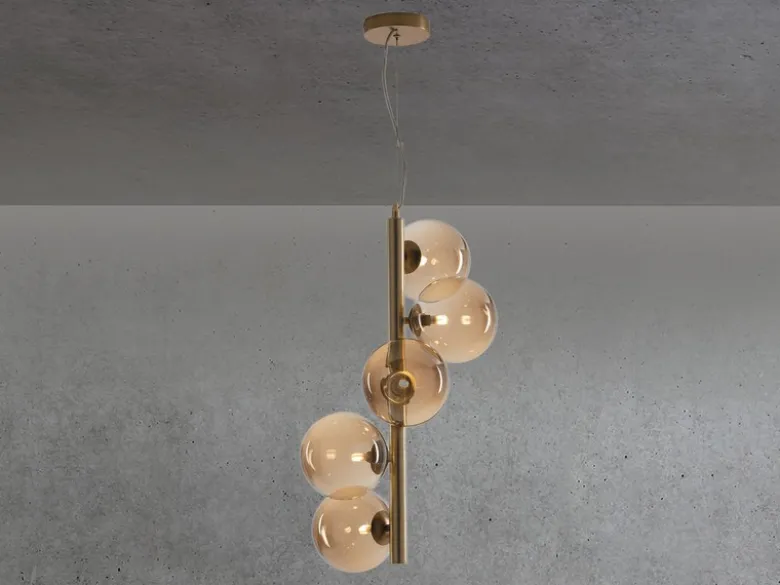 LED Pendelleuchte 5-flammig Gold-Glaskugeln Bernsteinfarbig, Höhe 183cm