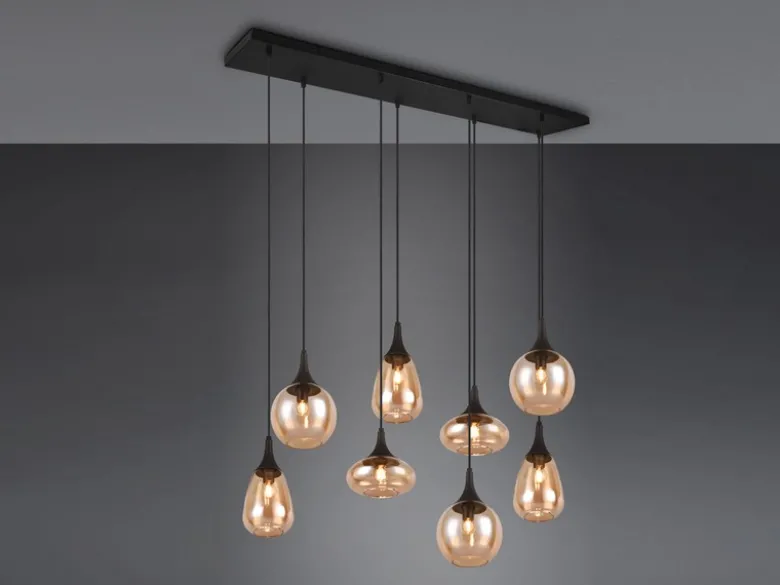 LED Pendelleuchte 8-flammig groß mit Glas amberfarbig, Breite 121cm