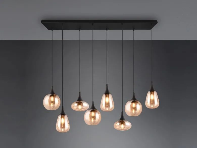 LED Pendelleuchte 8-flammig groß mit Glas amberfarbig, Breite 121cm