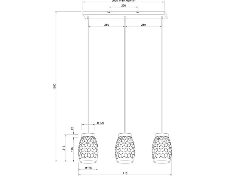 LED Pendelleuchte 3-flammig in Weiß mit ausgefallenem Stanzmuster, B: 71cm