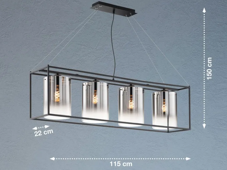 LED Pendelleuchte 4-flammig lang Schwarz mit Rauchglas, Breite 115cm