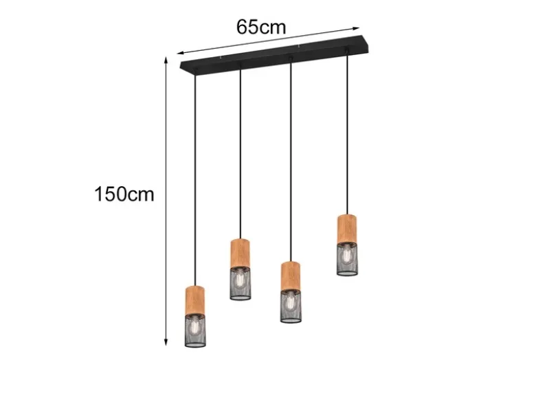 LED Pendelleuchte 4-flammig Lampenschirme Schwarz & Holz, Breite 65cm