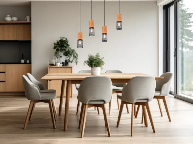 LED Pendelleuchte 4-flammig Lampenschirme Schwarz & Holz, Breite 65cm
