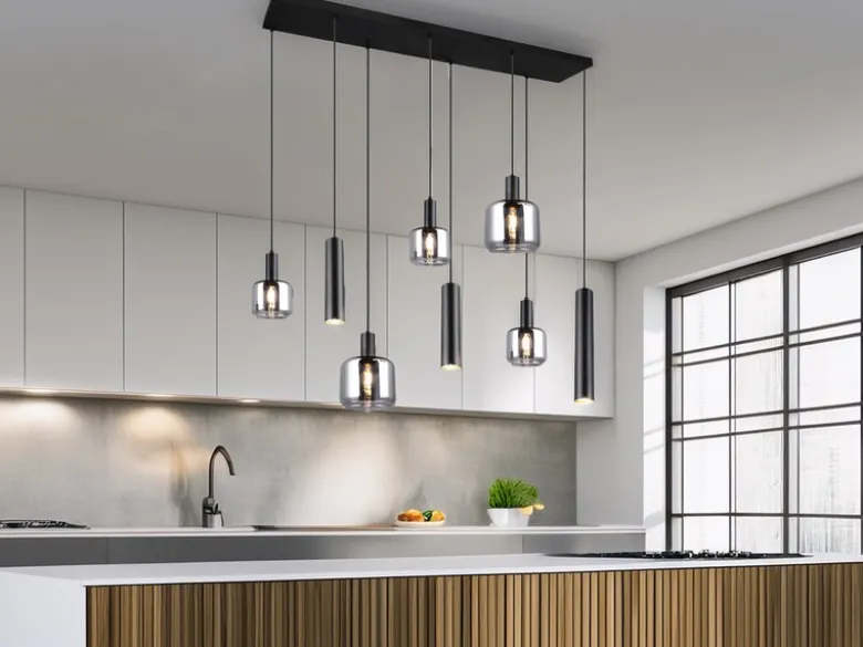 LED Pendelleuchte 8-flammig Metall mit Glasschirmen Chrom, Breite 118cm