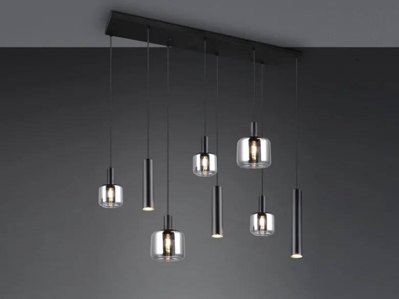 LED Pendelleuchte 8-flammig Metall mit Glasschirmen Chrom, Breite 118cm