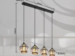 LED Pendelleuchte 4-flammig Metall Schwarz Gold mit Glaskristallen, Breite 73cm