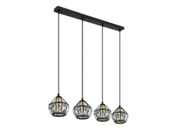 LED Pendelleuchte 4-flammig Metall Schwarz Gold mit Glaskristallen, Breite 73cm