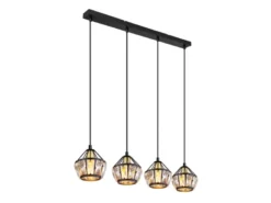LED Pendelleuchte 4-flammig Metall Schwarz Gold mit Glaskristallen, Breite 73cm