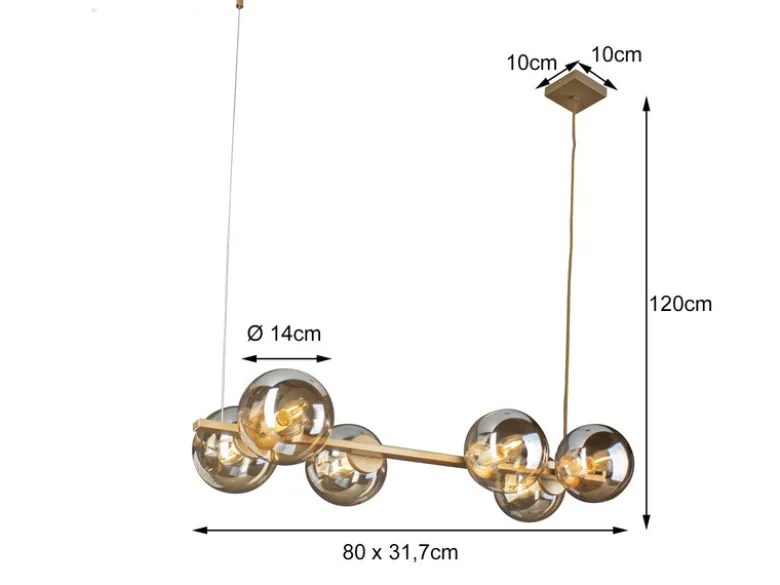 LED Pendelleuchte 6-flammig Messing & Amberglas Kugeln, Breite 80cm