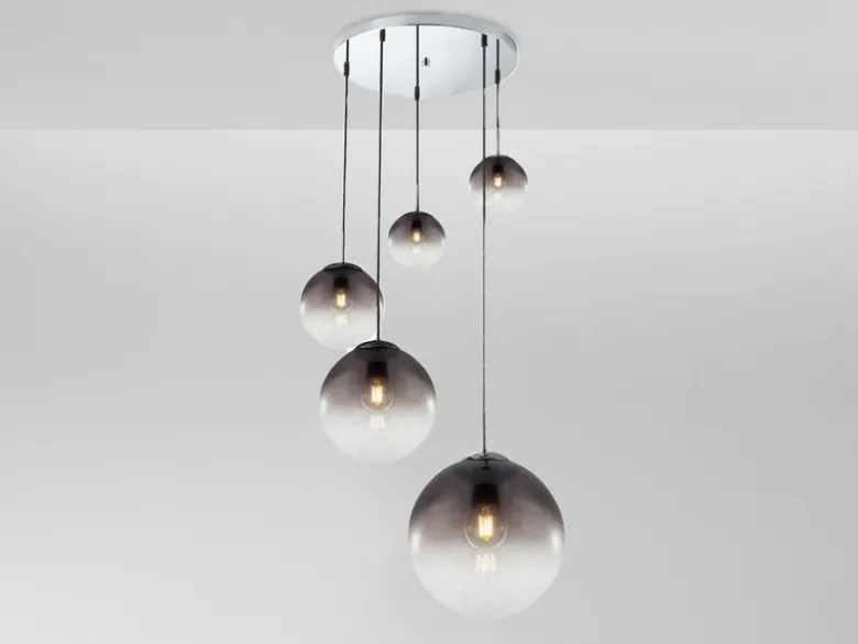 LED Pendelleuchte 5-flammig mit Glaskugeln aus Rauchglas, Ø 65cm