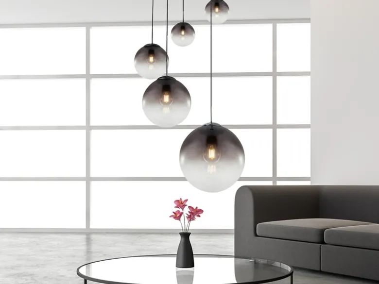 LED Pendelleuchte 5-flammig mit Glaskugeln aus Rauchglas, Ø 65cm