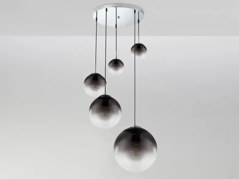 LED Pendelleuchte 5-flammig mit Glaskugeln aus Rauchglas, Ø 65cm