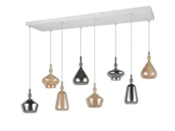 LED Pendelleuchte 8-flammig mit Glas in Bernstein & Chrom verspiegelt, B:125cm