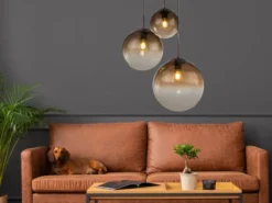 LED Pendelleuchte 3-flammig mit Glaskugeln aus Amberglas, Ø 51cm