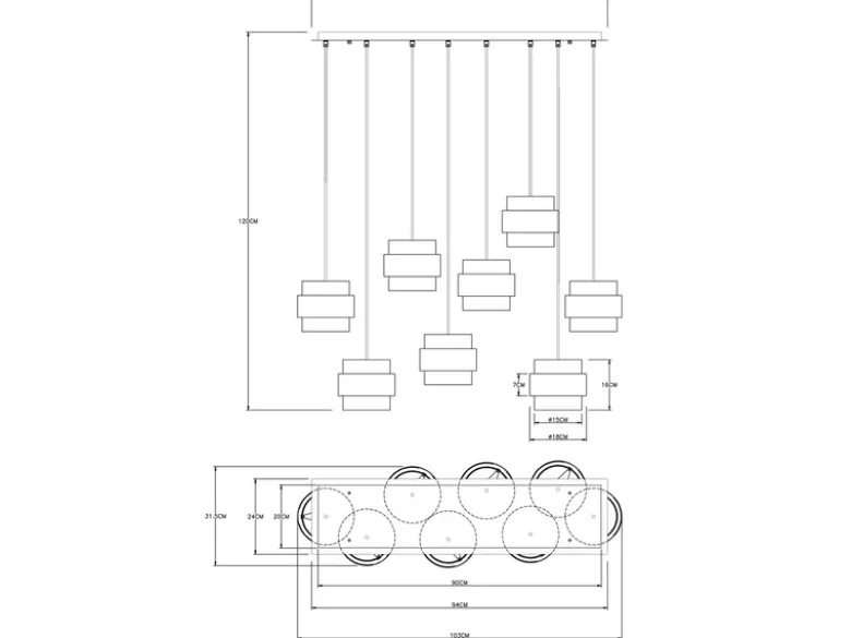 LED Pendelleuchte 8-flammig mit Rauchglas und Messing, Breite 103cm
