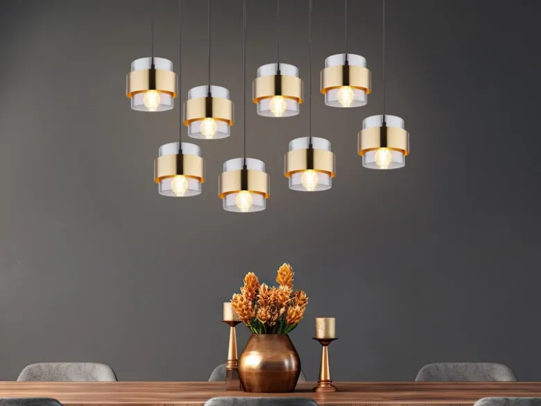 LED Pendelleuchte 8-flammig mit Rauchglas und Messing, Breite 103cm