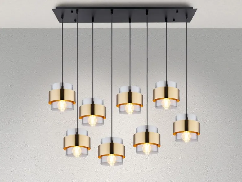 LED Pendelleuchte 8-flammig mit Rauchglas und Messing, Breite 103cm