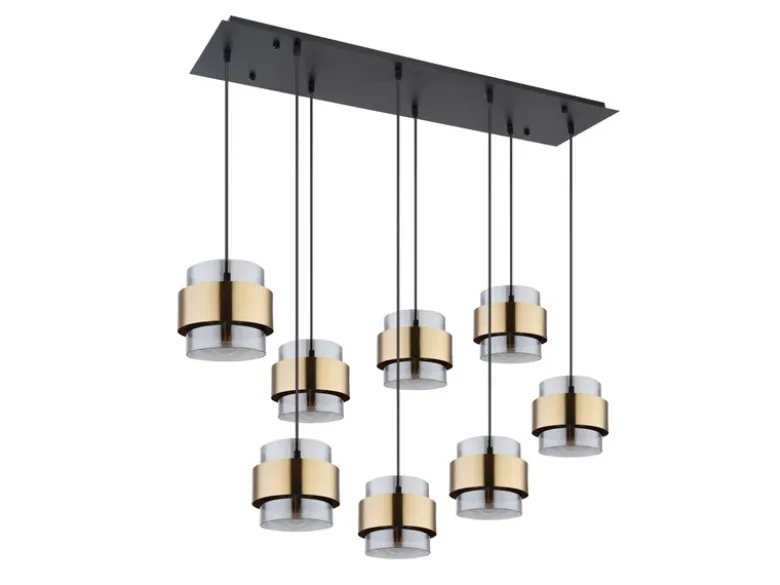 LED Pendelleuchte 8-flammig mit Rauchglas und Messing, Breite 103cm