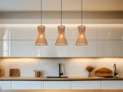LED Pendelleuchte 3-flammig mit Lampenschirmen aus Papiergarn, Breite 75cm