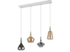 LED Pendelleuchte 4-flammig mit Glas Bernstein & Chrom verspiegelt, B: 74,5cm