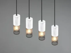 LED Pendelleuchte 4-flammig mit Holz Weiß und Drahtgeflecht, Breite 65cm